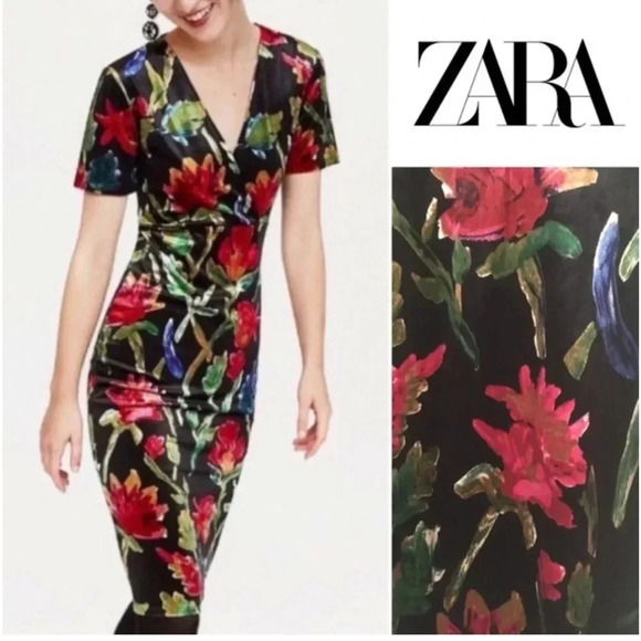 ZARA Womens Midi Dress Velvet Floral Faux Wrap V-Neck Sheath Dress Size Small - Picture 10 of 10